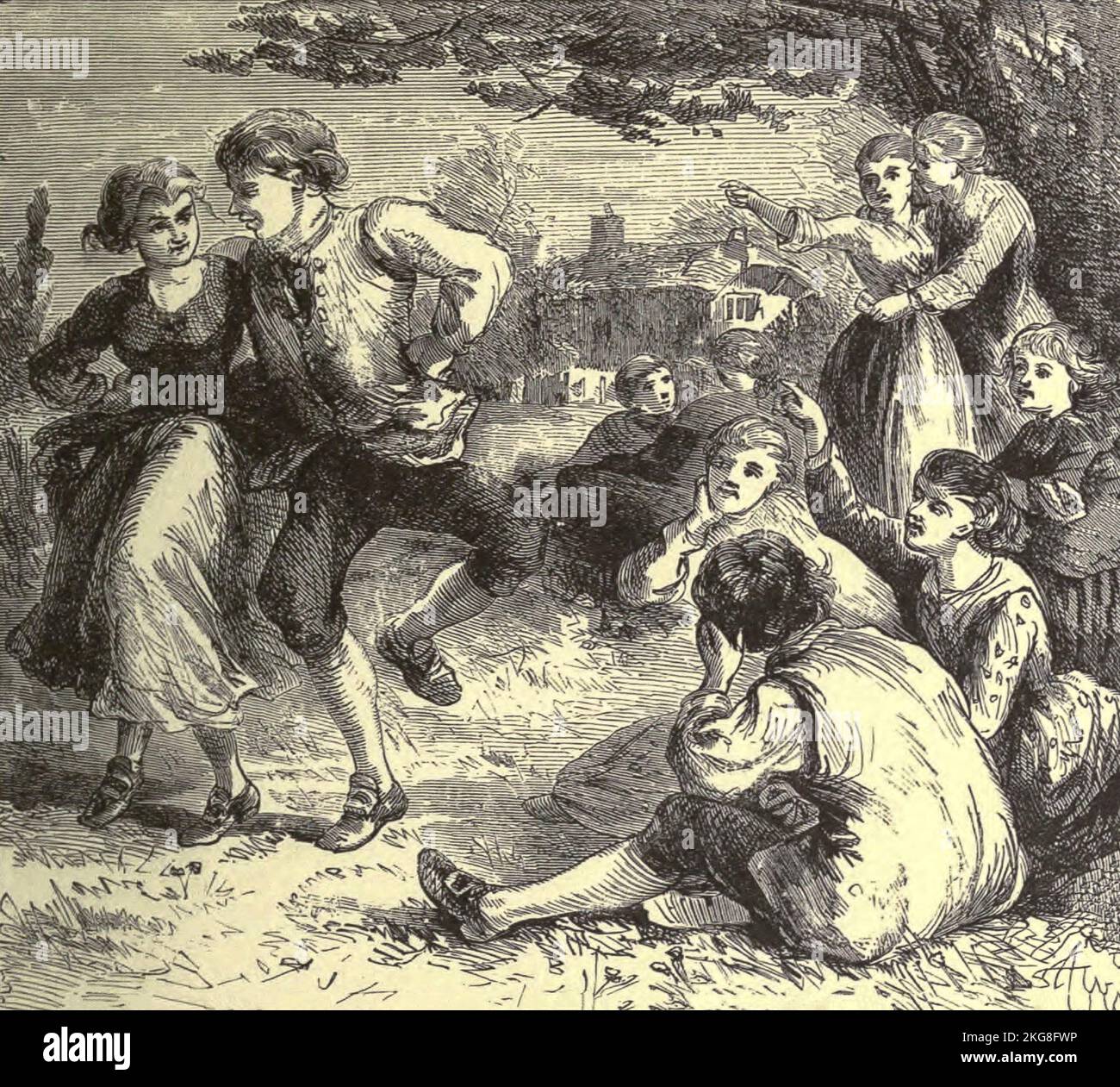The dancing pair that simply sought renown. By holding out, to tire each other down Illustration by Hammatt Billings from the poem The Deserted Village by Oliver Goldsmith published in 1882. The Deserted Village is a poem by Oliver Goldsmith published in 1770. It is a work of social commentary, and condemns rural depopulation and the pursuit of excessive wealth. Oliver Goldsmith (10 November 1728 – 4 April 1774) was an Anglo-Irish novelist, playwright, dramatist and poet, who is best known for his novel The Vicar of Wakefield (1766), his pastoral poem The Deserted Village (1770), and his plays Stock Photo