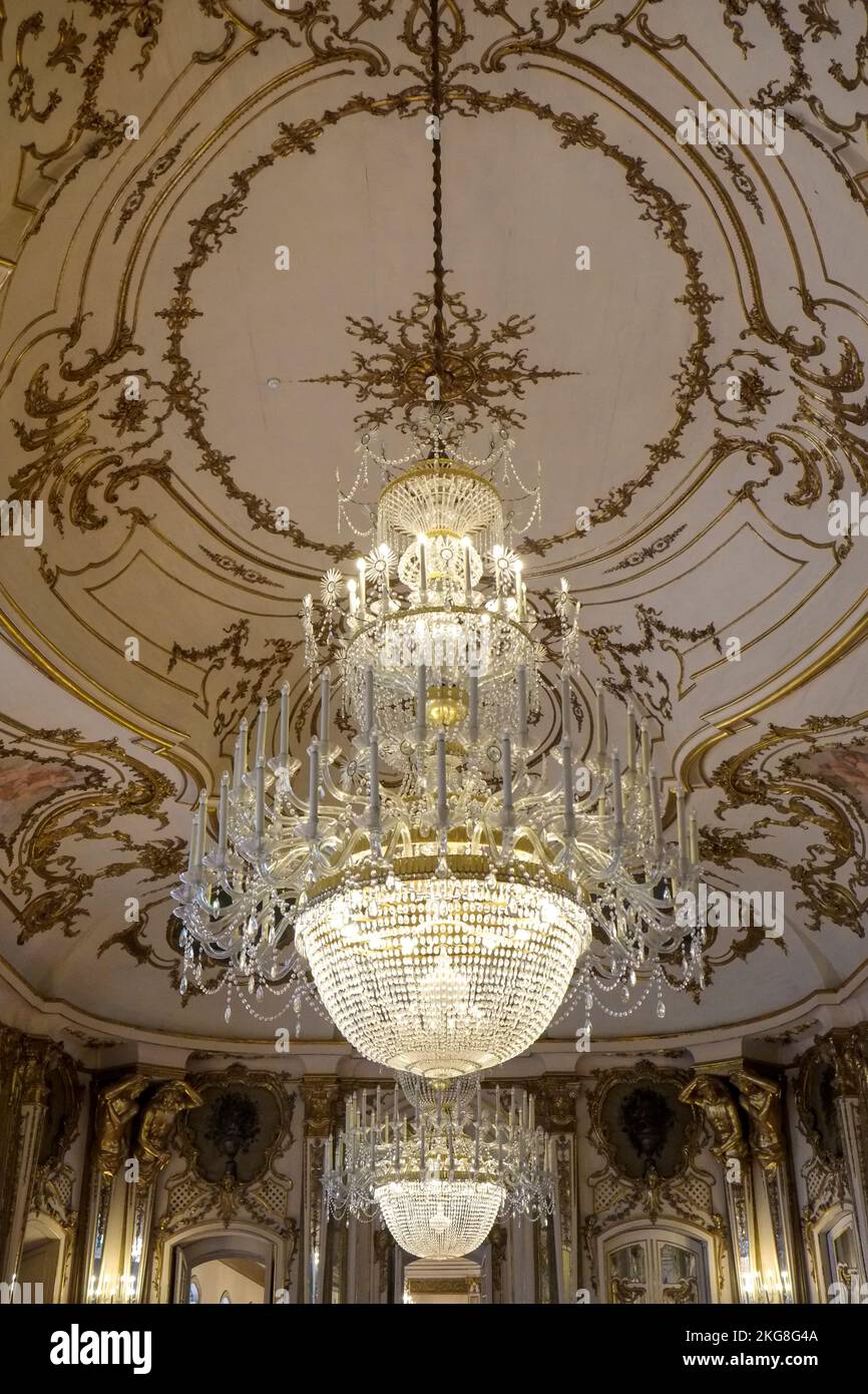 Portugal, Lisbon, Low angle view of ornate chandelier Stock Photo