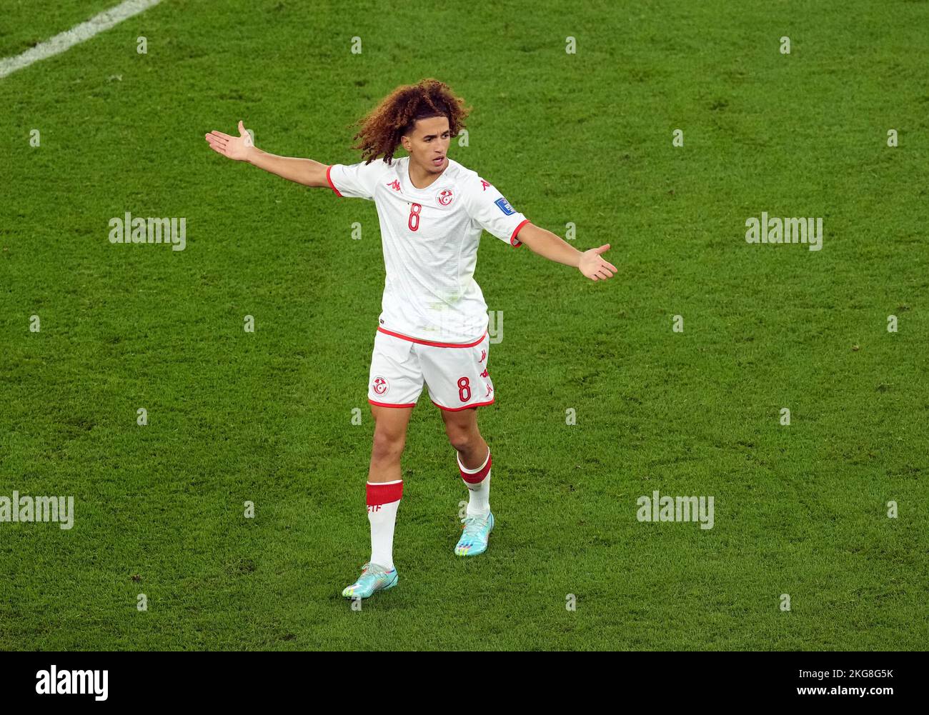 Tunisia's Hannibal Mejbri during the FIFA World Cup Group D match at Education City Stadium, Al Rayyan. Picture date: Tuesday November 22, 2022. Stock Photo