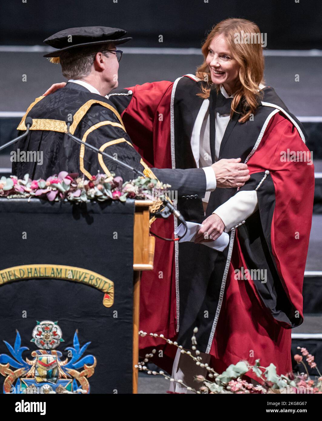 Vice Chancellor of Sheffield Hallam University Chris Husbands (left) congratulates Geri Halliwell-Horner (right) after she received an honorary doctorate from Sheffield Hallam University at Ponds Forge International Sports Centre in Sheffield. Picture date: Tuesday November 22, 2022. Stock Photo