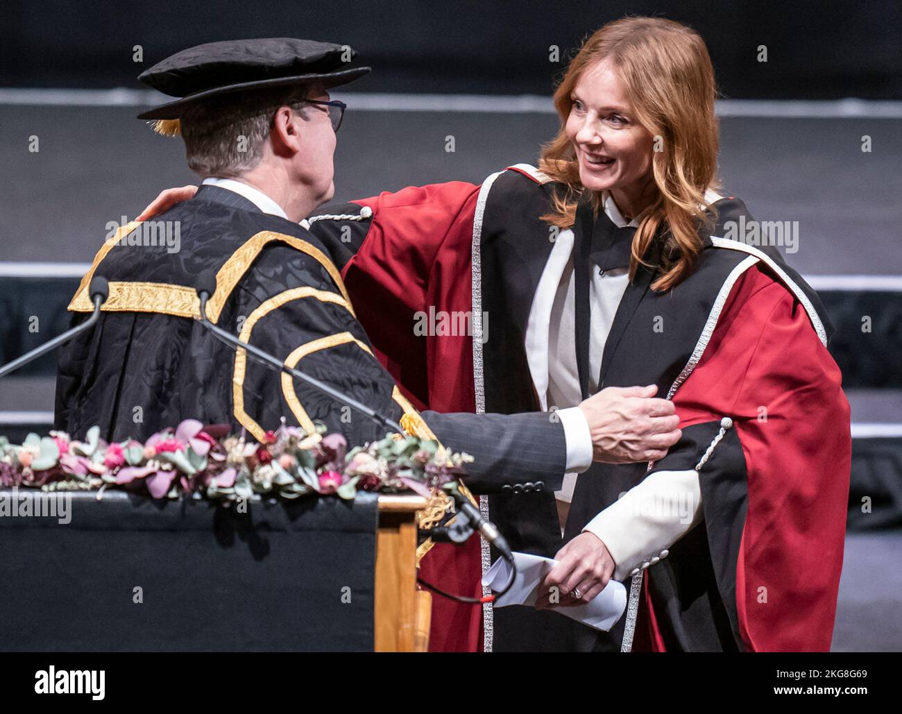 Vice Chancellor of Sheffield Hallam University Chris Husbands (left) congratulates Geri Halliwell-Horner (right) after she received an honorary doctorate from Sheffield Hallam University at Ponds Forge International Sports Centre in Sheffield. Picture date: Tuesday November 22, 2022. Stock Photo