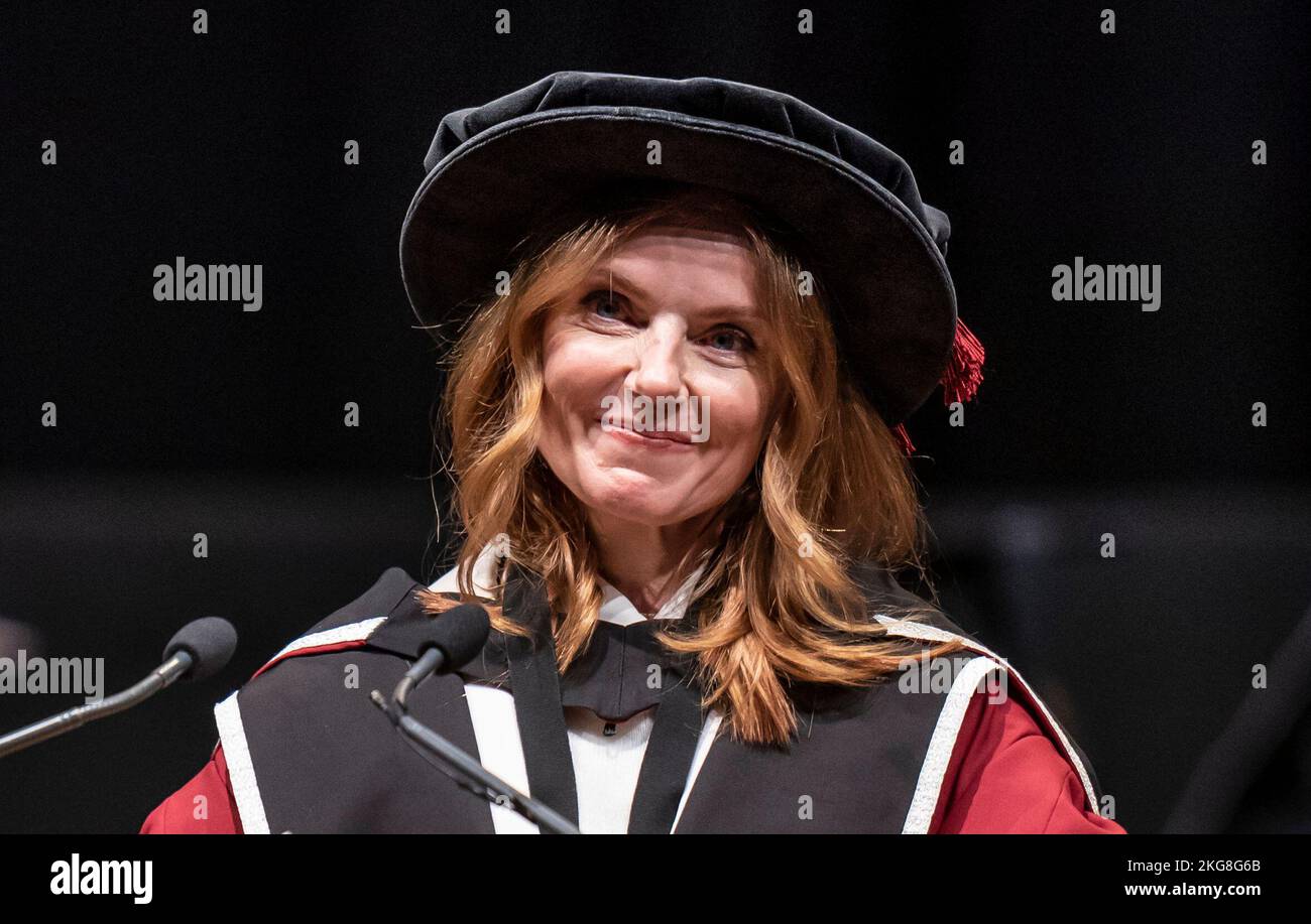 Geri Halliwell-Horner addresses the audience after she received an honorary doctorate from Sheffield Hallam University at Ponds Forge International Sports Centre in Sheffield. Picture date: Tuesday November 22, 2022. Stock Photo