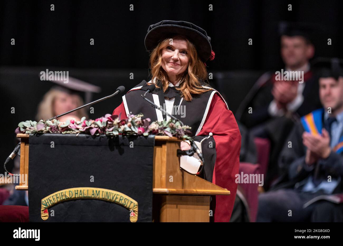 Geri Halliwell-Horner addresses the audience after she received an honorary doctorate from Sheffield Hallam University at Ponds Forge International Sports Centre in Sheffield. Picture date: Tuesday November 22, 2022. Stock Photo