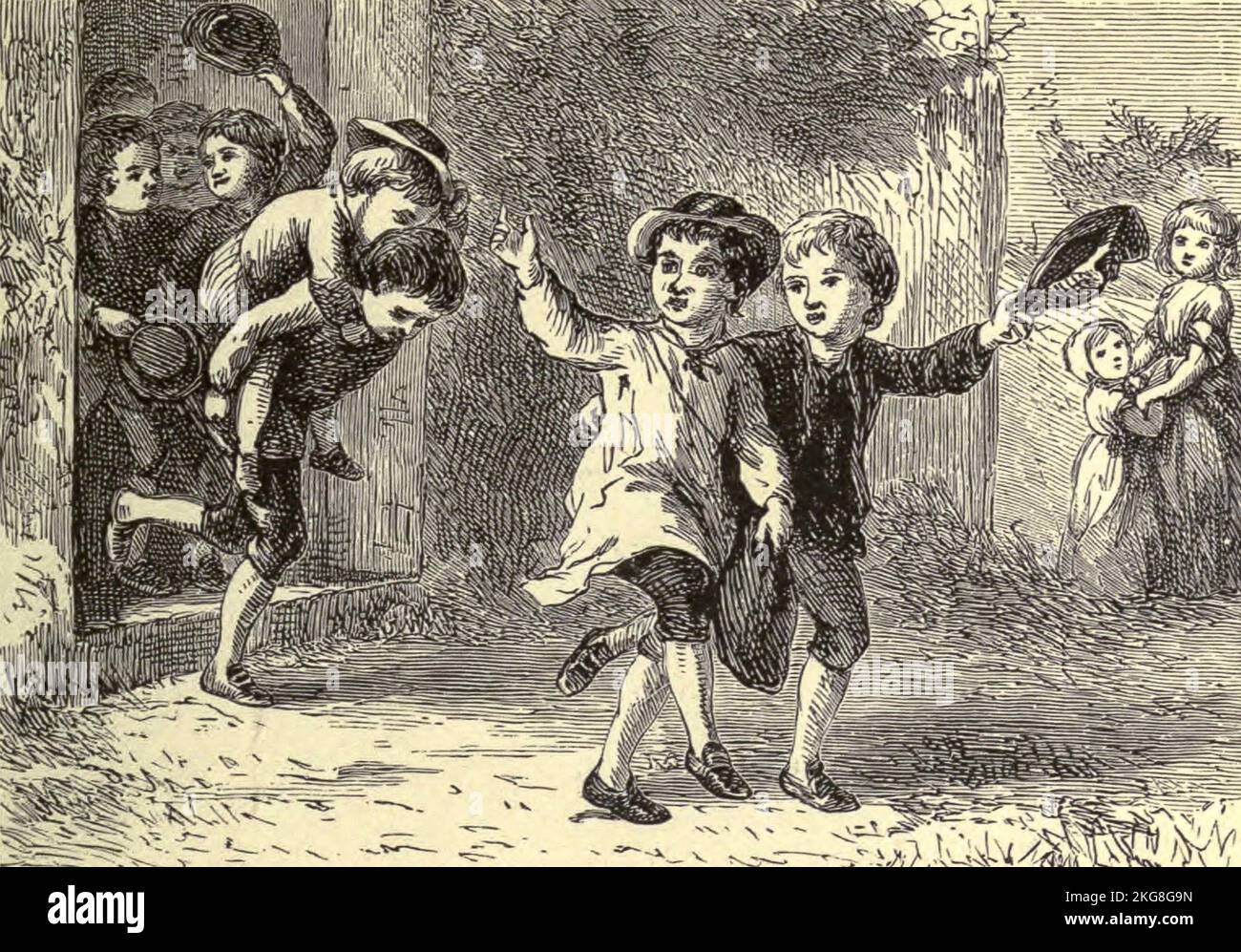 The playful children just let loose from school Illustration by Hammatt Billings from the poem The Deserted Village by Oliver Goldsmith published in 1882. The Deserted Village is a poem by Oliver Goldsmith published in 1770. It is a work of social commentary, and condemns rural depopulation and the pursuit of excessive wealth. Oliver Goldsmith (10 November 1728 – 4 April 1774) was an Anglo-Irish novelist, playwright, dramatist and poet, who is best known for his novel The Vicar of Wakefield (1766), his pastoral poem The Deserted Village (1770), and his plays The Good-Natur'd Man (1768) and She Stock Photo