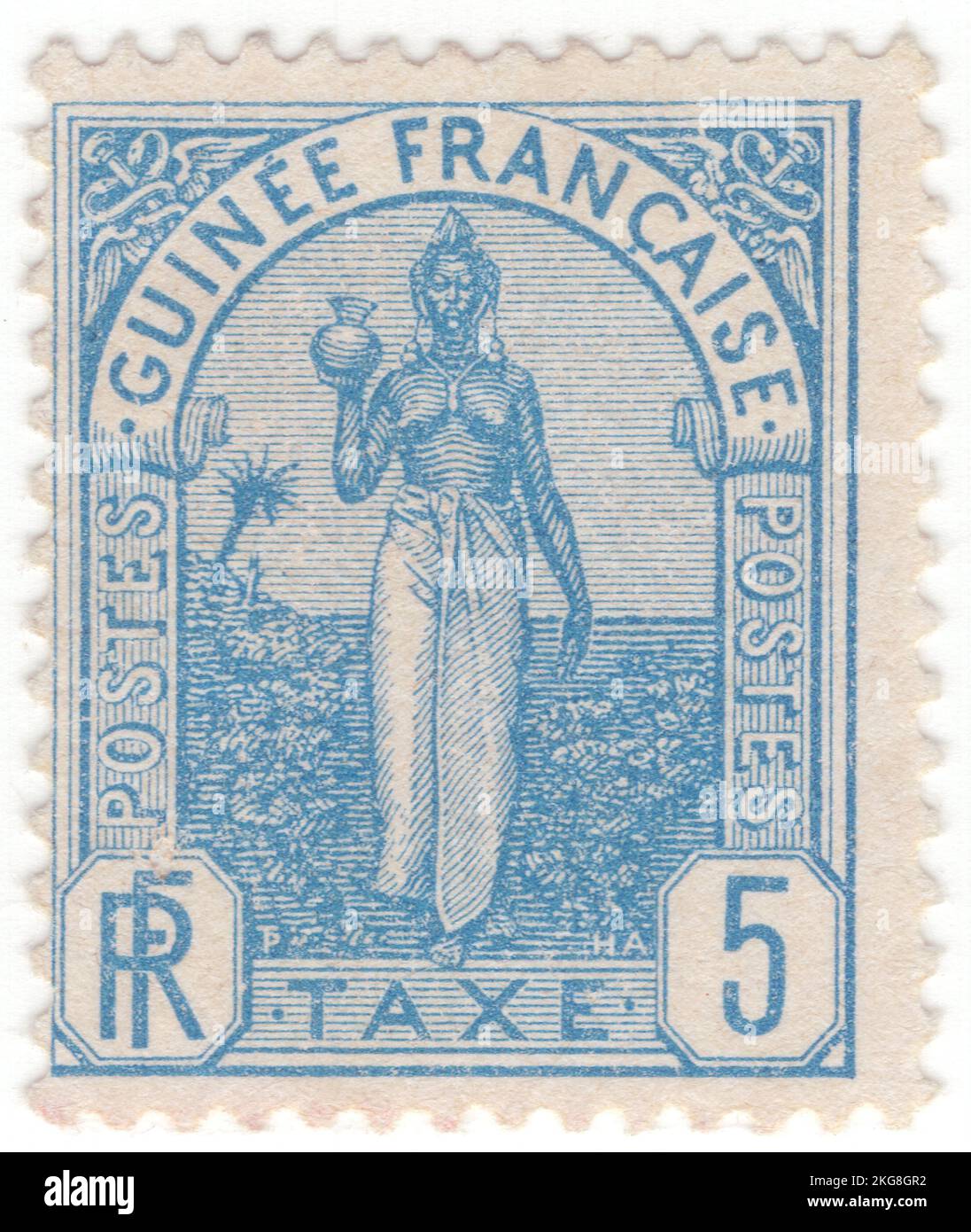 FRENCH GUINEA - 1905: An 5 centimes blue Postage Due stamp depicting portrait of Fulah Woman. The Fula, Fulani, or Fulah people are one of the largest ethnic groups in the Sahel and West Africa, widely dispersed across the region. Inhabiting many countries, they live mainly in West Africa and northern parts of Central Africa, South Sudan, Darfur, and regions near the Red Sea coast in Sudan. The approximate number of Fula people is unknown due to clashing definitions regarding Fula ethnicity. Various estimates put the figure between 25 and 40 million people worldwide Stock Photo