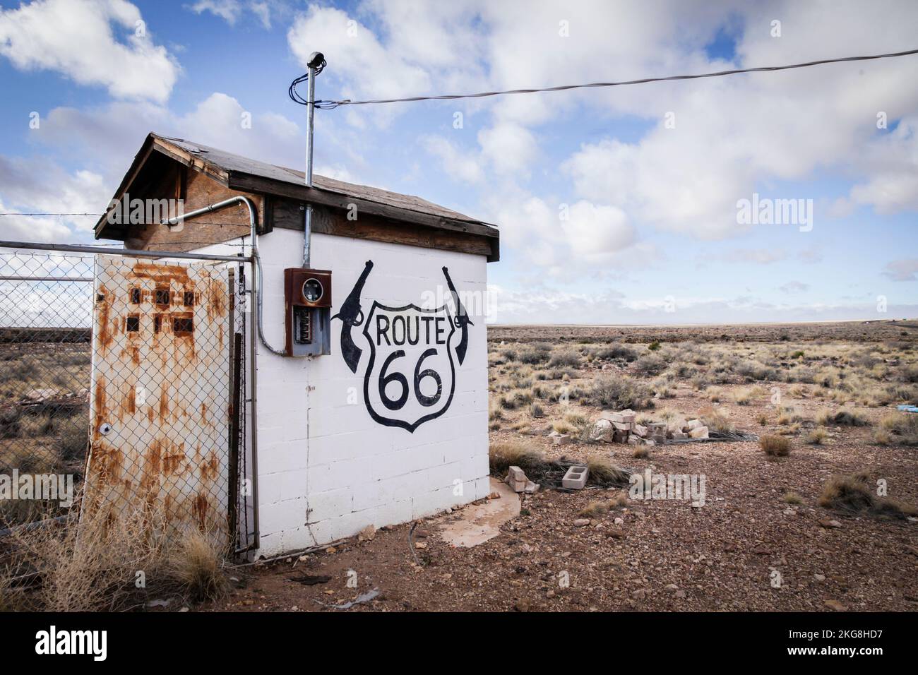 USA, Arizona, Two Guns, Route 66 sign on old building Stock Photo