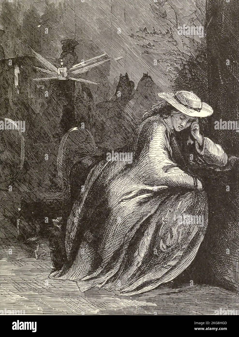Ah ! turn thine eyes Where the poor houseless shivering female lies Illustration by Hammatt Billings from the poem The Deserted Village by Oliver Goldsmith published in 1882. The Deserted Village is a poem by Oliver Goldsmith published in 1770. It is a work of social commentary, and condemns rural depopulation and the pursuit of excessive wealth. Oliver Goldsmith (10 November 1728 – 4 April 1774) was an Anglo-Irish novelist, playwright, dramatist and poet, who is best known for his novel The Vicar of Wakefield (1766), his pastoral poem The Deserted Village (1770), and his plays The Good-Natur' Stock Photo