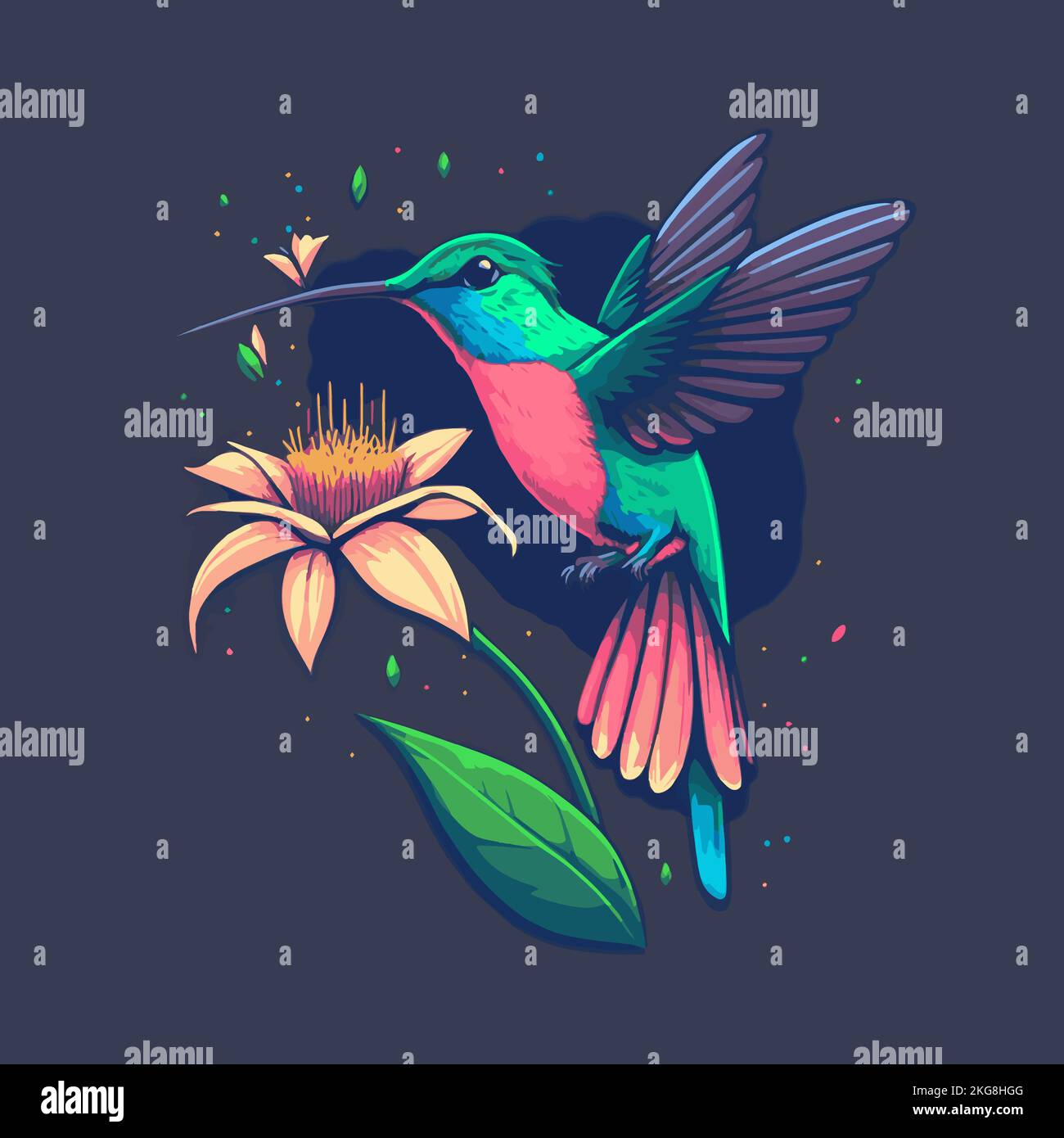 Illustration of Hummingbirds Flying Over Exotic Tropical Flower Design