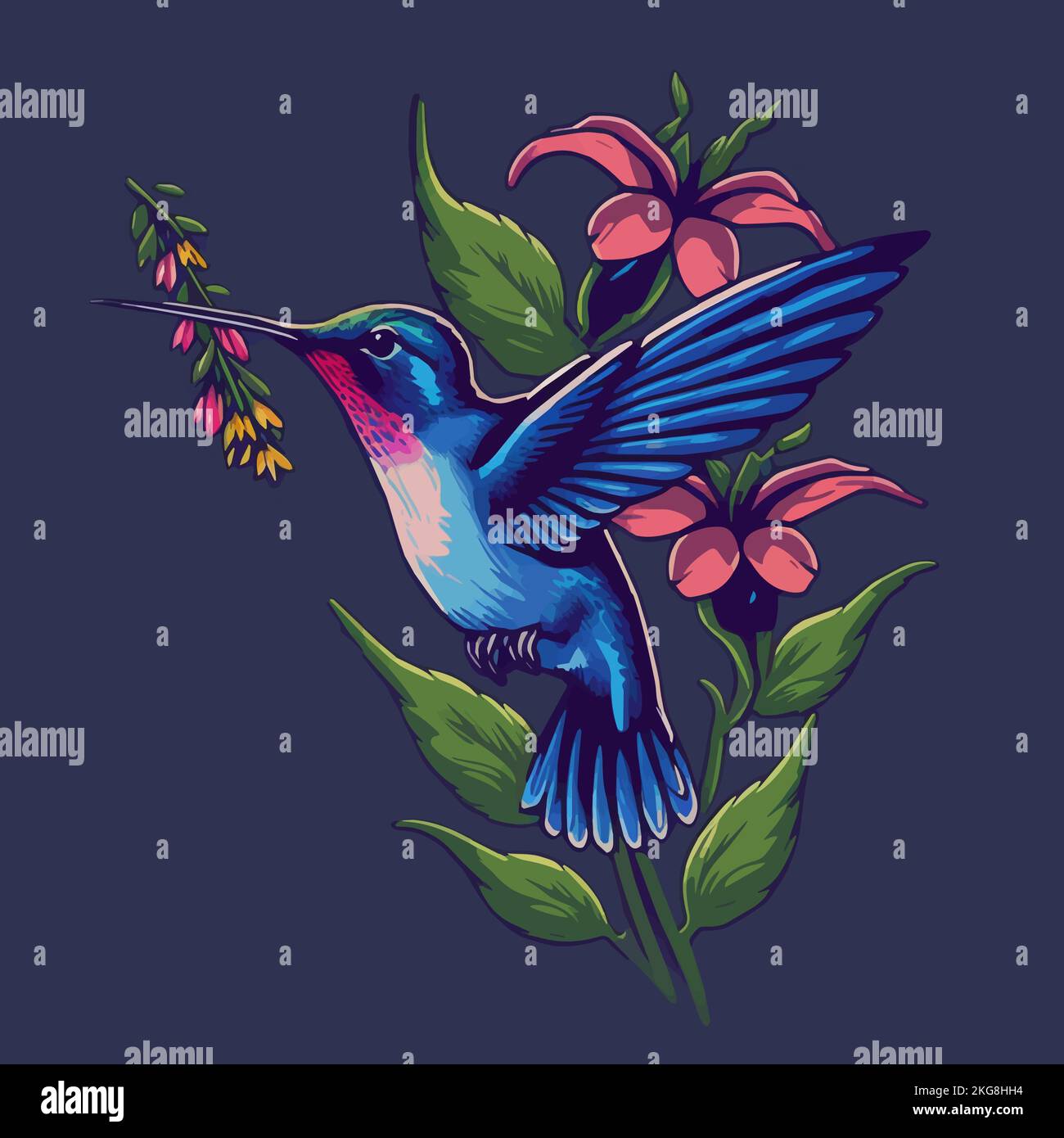 Illustration of Hummingbirds Flying Over Exotic Tropical Flower Design