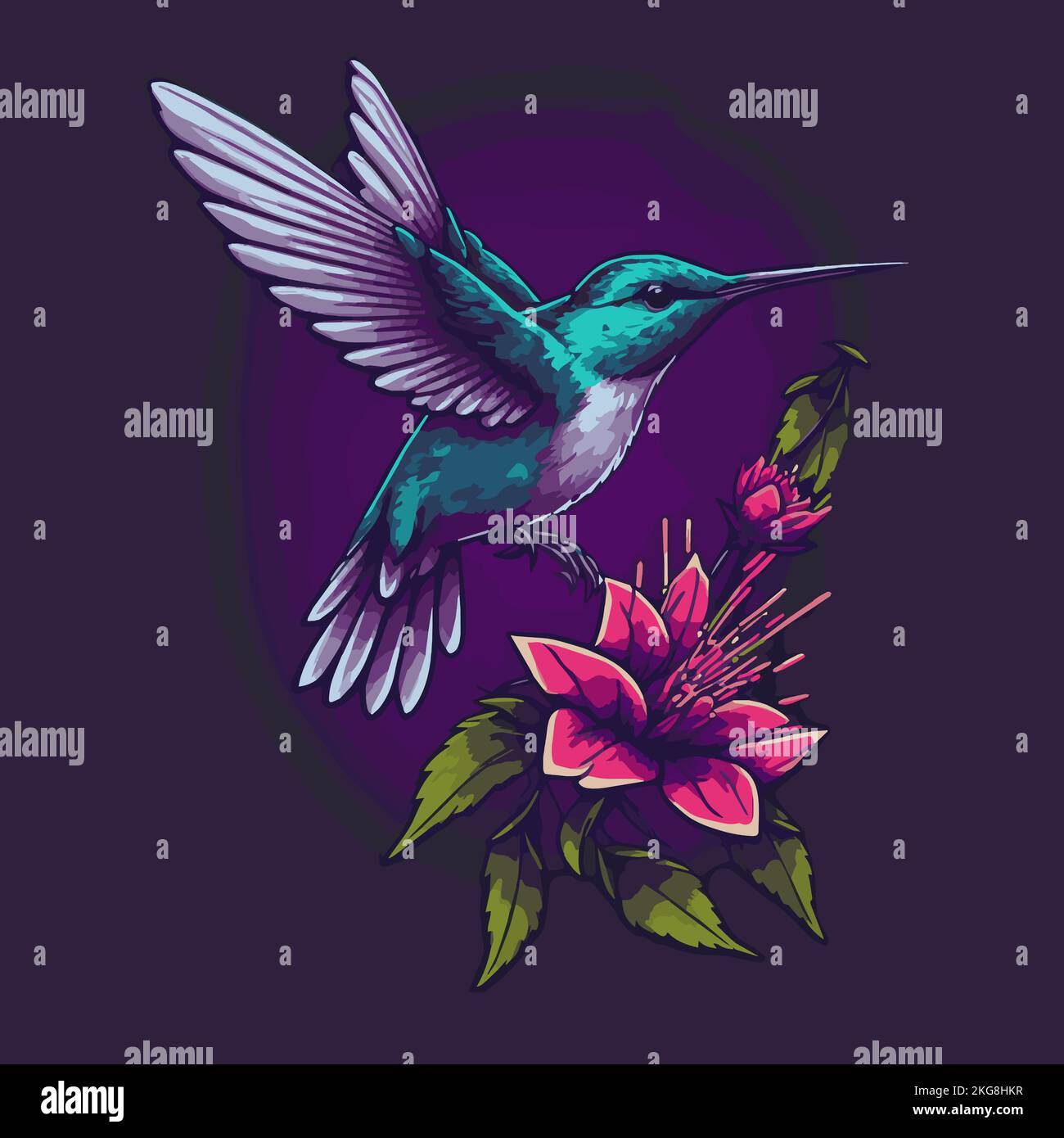 Illustration of Hummingbirds Flying Over Exotic Tropical Flower Design ...