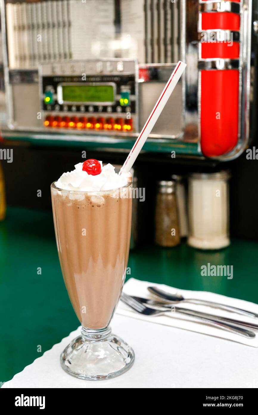 Chocolate milkshake on diner table Stock Photo