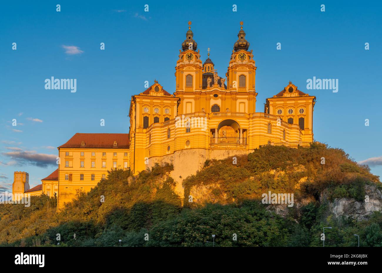 Melk, Austria - 22 September, 2022:the historic Melk Abbey in warm evening light Stock Photo