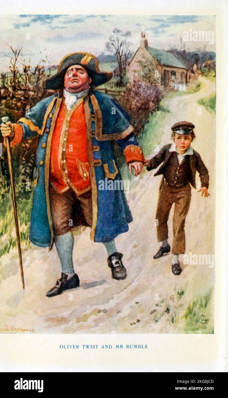 Oliver Twist and Mr. Bumble from the book Dickens' dream children by Mary Angela Dickens (Charles Dickens granddaughter) and illustrated by Harold Copping Published 1900 by Raphael Tuck and Sons London Stock Photo