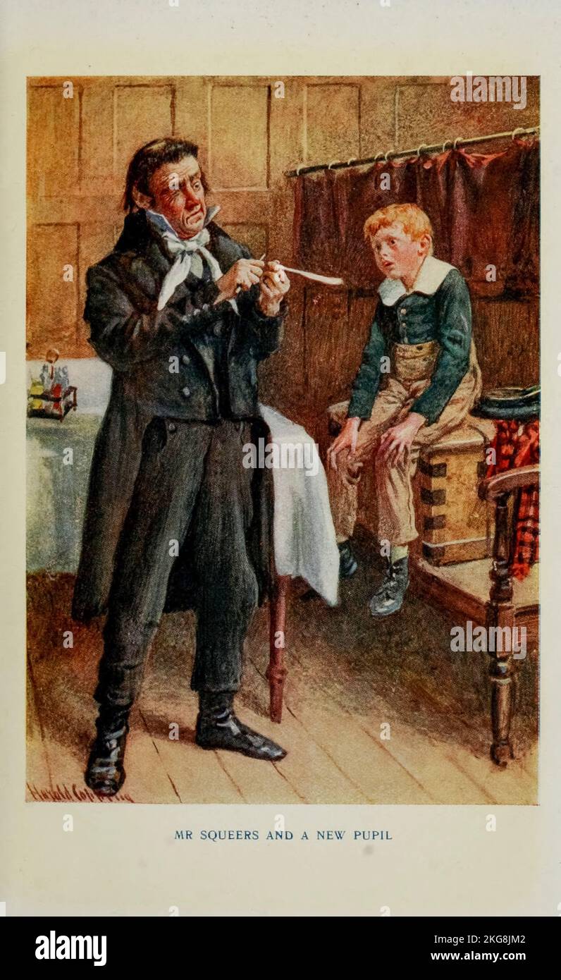 Mr. Squeers of Nicholas Nickleby and a New Pupil from the book Dickens' dream children by Mary Angela Dickens (Charles Dickens granddaughter) and illustrated by Harold Copping Published 1900 by Raphael Tuck and Sons London Stock Photo