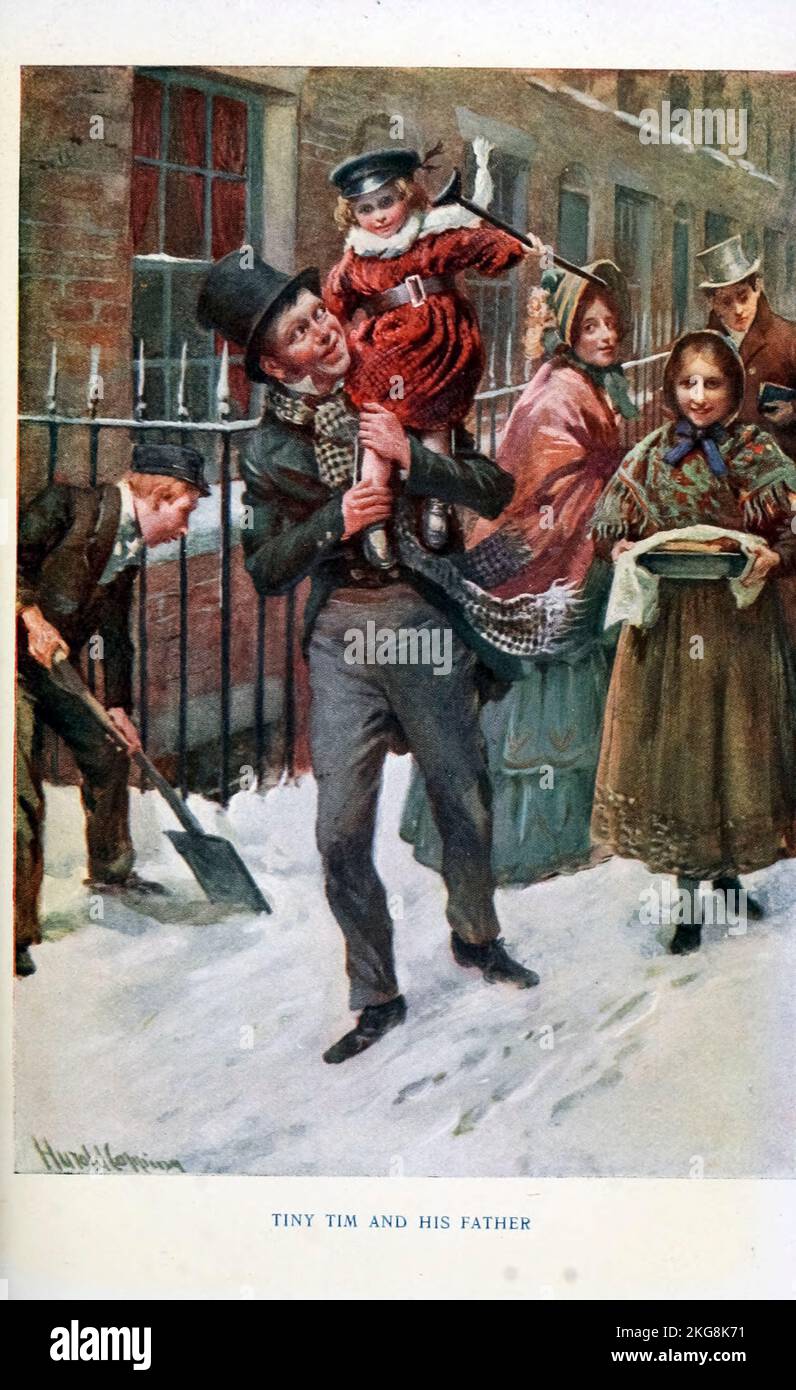 Timothy 'Tiny Tim' Cratchit and his father Bob Cratchit is a fictional character from the 1843 novella A Christmas Carol by Charles Dickens. from the book Dickens' dream children by Mary Angela Dickens (Charles Dickens granddaughter) and illustrated by Harold Copping Published 1900 by Raphael Tuck and Sons London Stock Photo