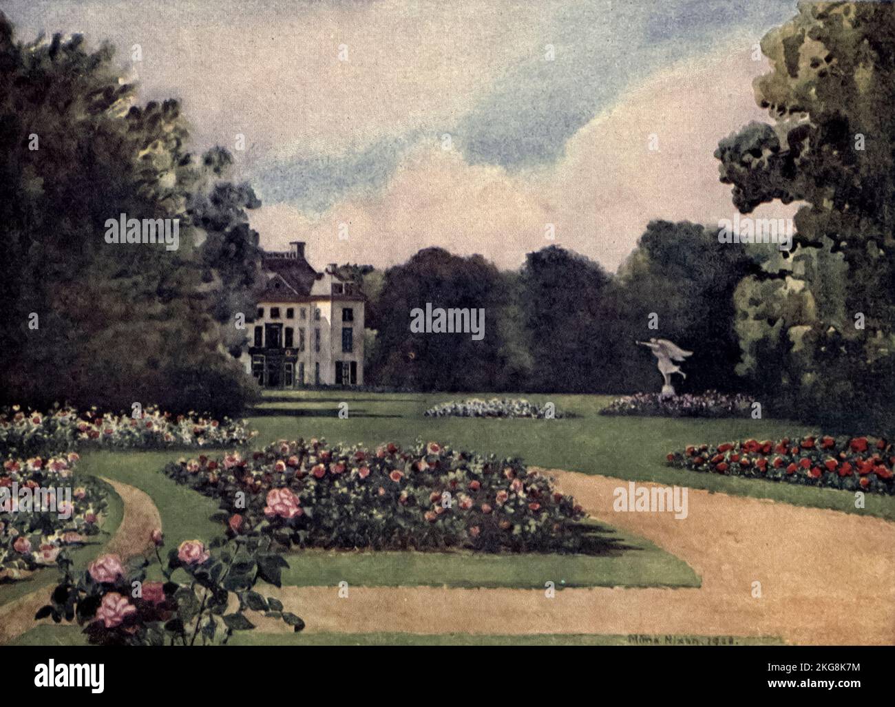 Het Loo - Frontispiece Het Loo Palace is a palace in Apeldoorn, Netherlands, built by the House of Orange-Nassau. Painted by Mima Nixon, from the book ' Dutch bulbs and gardens ' by Silberrad, Una Lucy, Publication date 1909 Publisher London : A. and C. Black Stock Photo