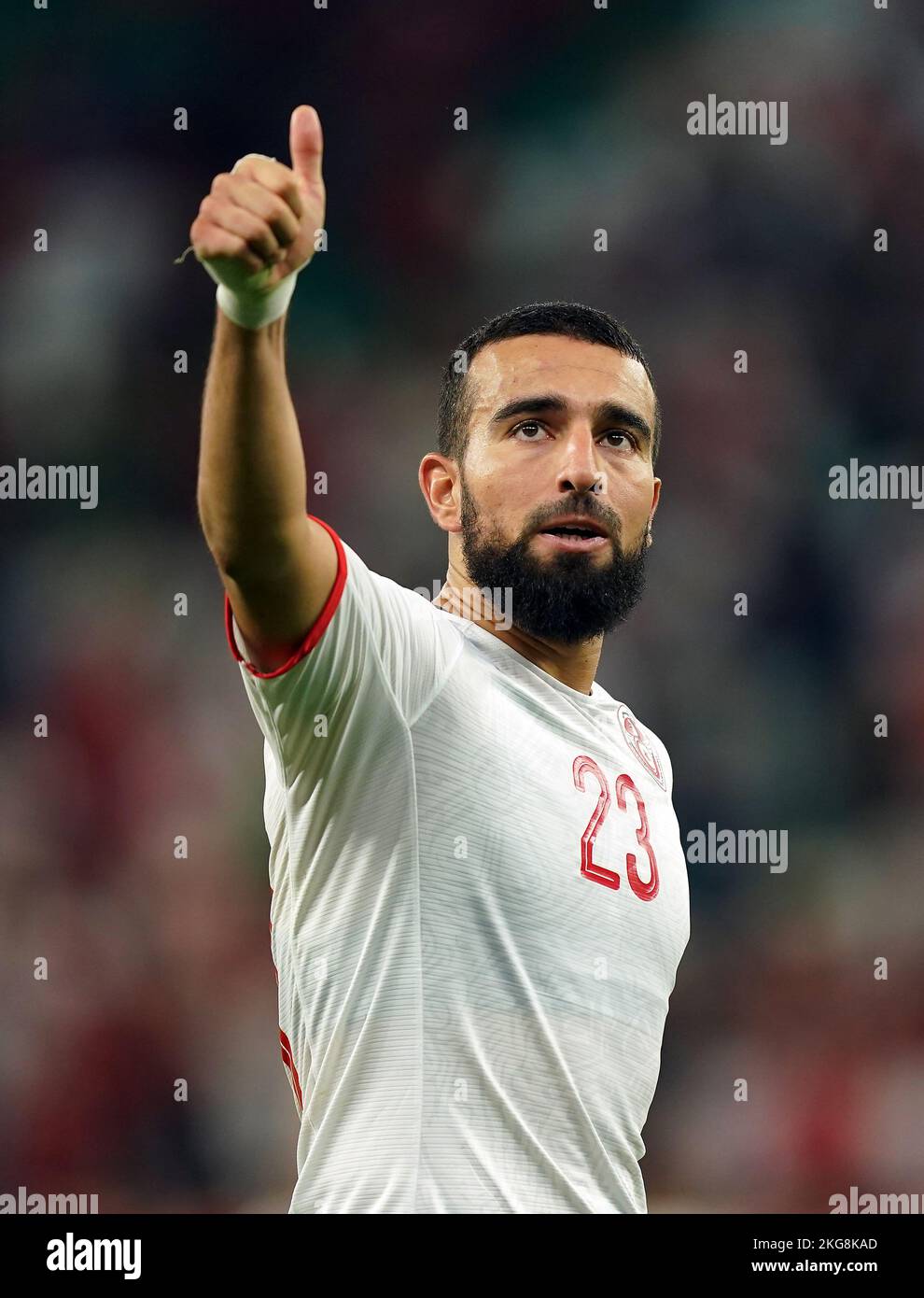 Tunisia’s Naim Sliti gives a thumbs up after the FIFA World Cup Group D match at Education City Stadium, Al Rayyan, Qatar. Picture date: Tuesday November 22, 2022. Stock Photo