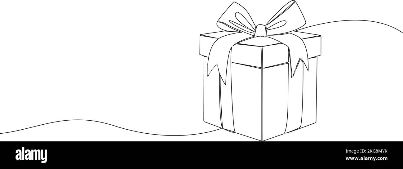 gift box with ribbon single line drawing isolated on white, line art vector illustration Stock Vector