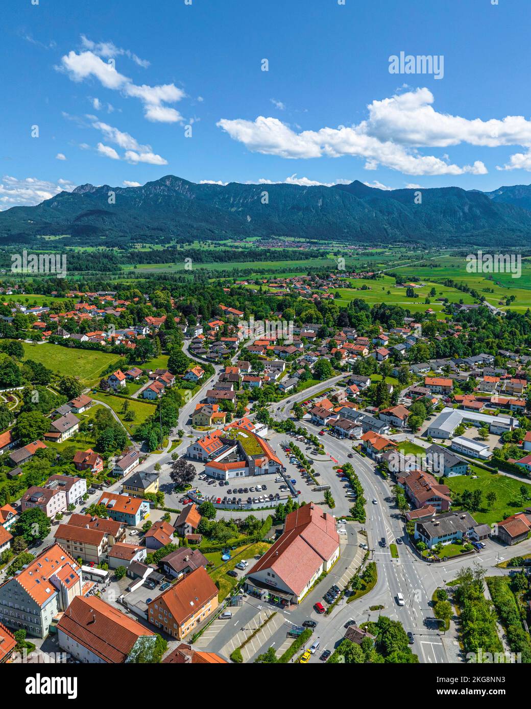 Aerial view to Murnau on Staffelsee and the region around the beautiful locality in Upper Bavaria Stock Photo
