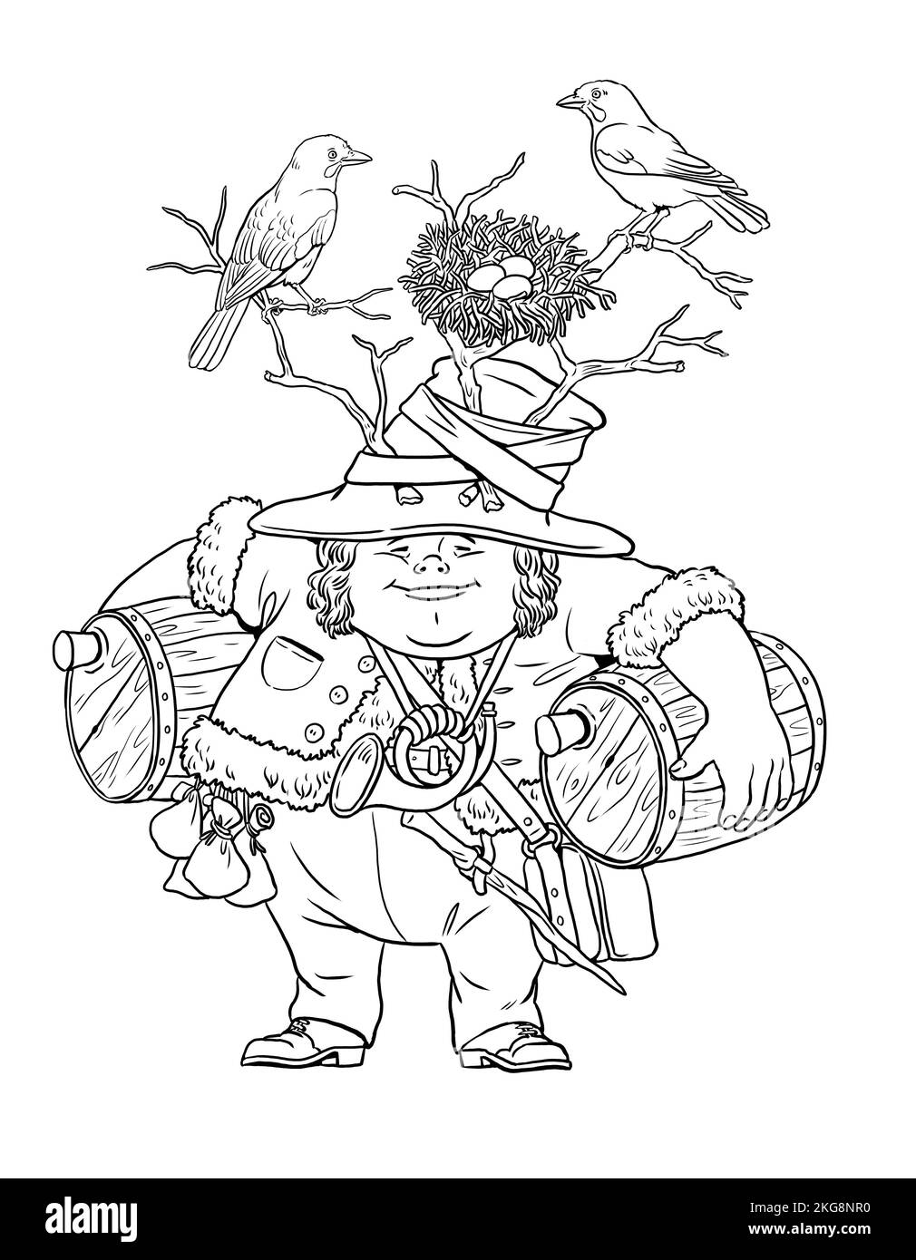 Funny forest gnome drawing. Coloring page with the magician dwarf. Coloring template with wizard. Stock Photo