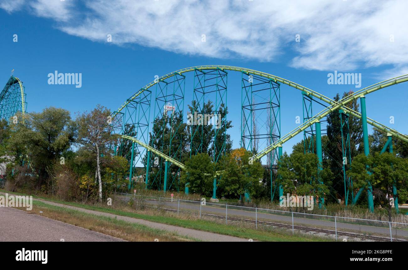 Roller coaster ride looping its way through Valleyfair Amusement Park. Shakopee Minnesota MN USA Stock Photo