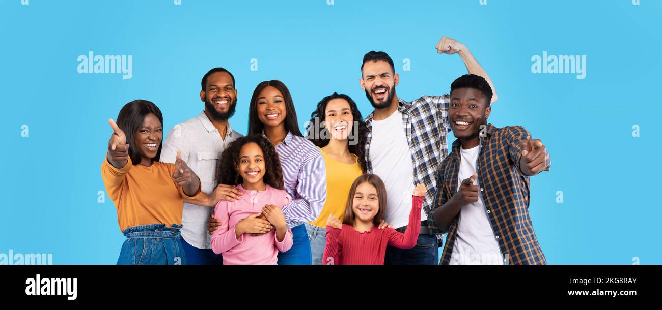 Happy multicultural people posing on blue, collage Stock Photo