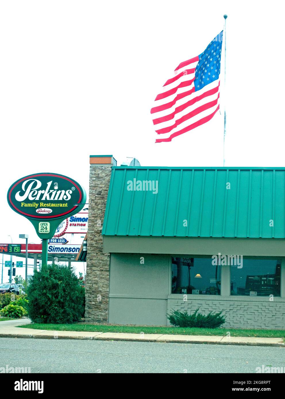 Perkins Family Restaurant and Bakery with the American flag flying