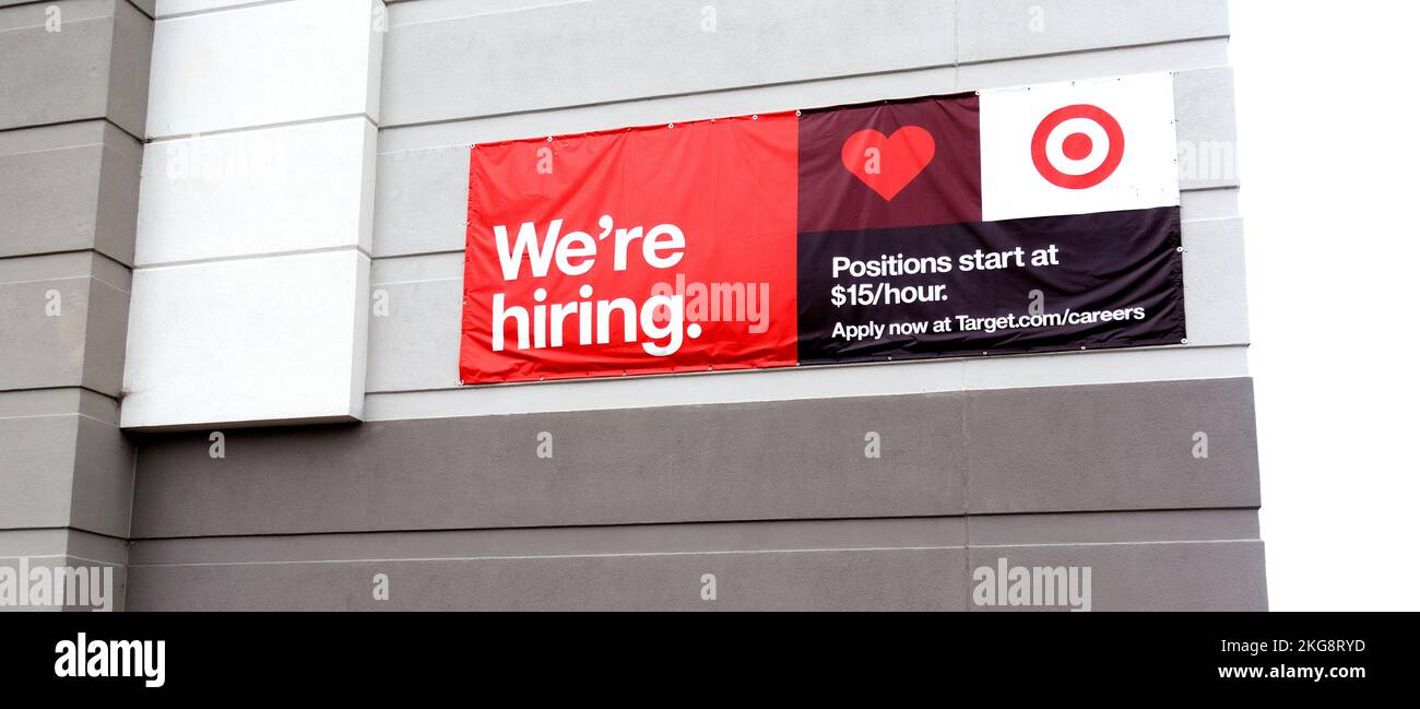 Target with sign for hiring employees. Alexandria Minnesota MN USA Stock Photo
