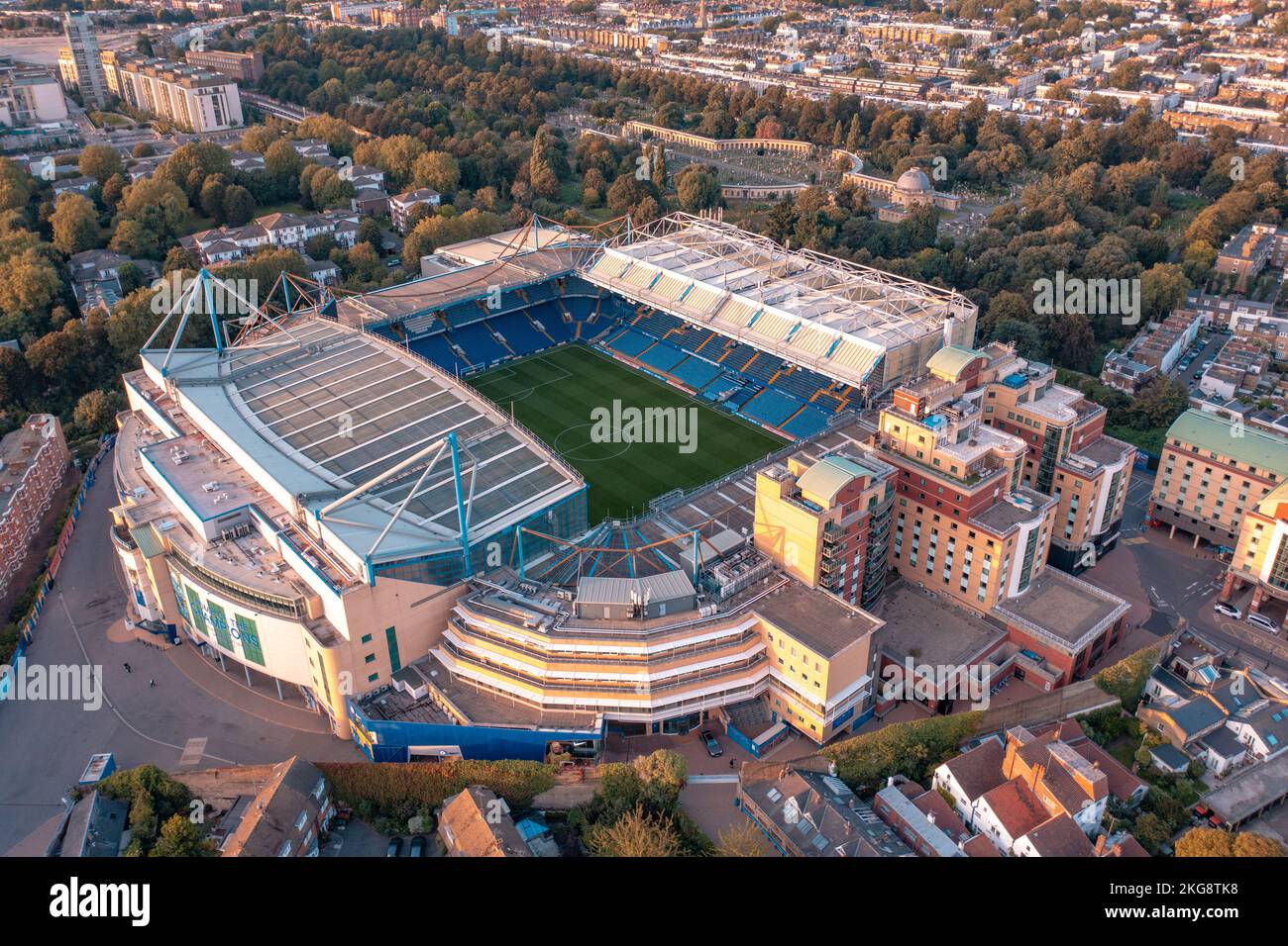 Aerial view of Chelsea Football Club in London, also known as