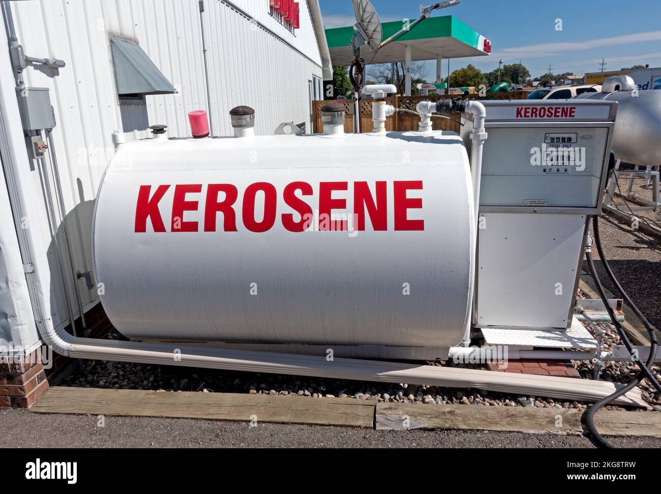 Large kerosene dispenser tank at the Sinclair gas station often used as an aviation fuel. Battle Lake Minnesota MN USA Stock Photo