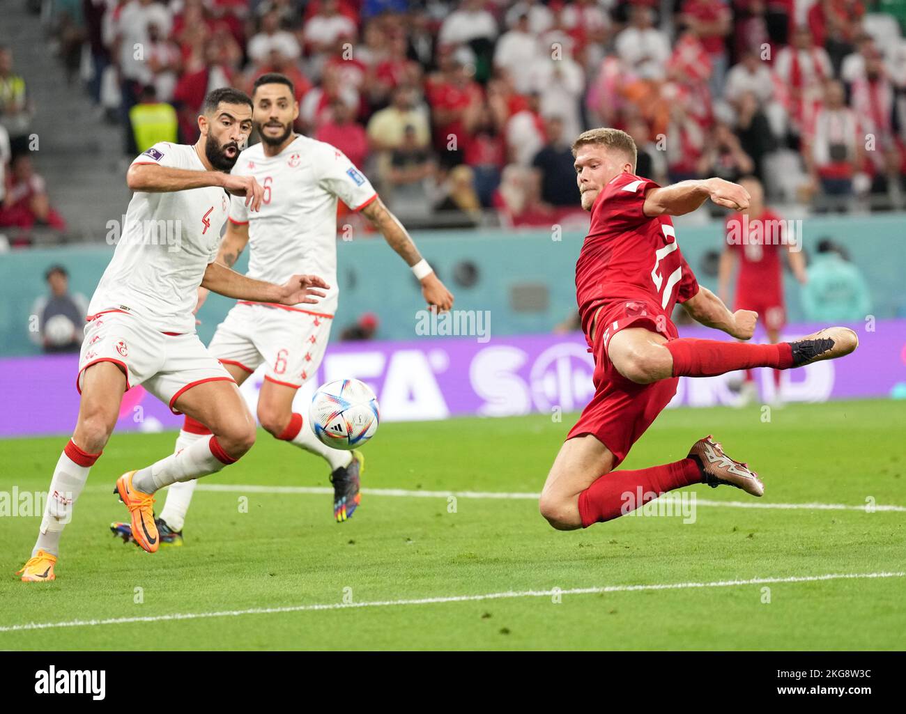 Al Rayyan, Qatar. 22nd Nov, 2022. Andreas Cornelius (R) of Denmark vies with Yassine Meriah (L) of Tunisia during the Group D match between Denmark and Tunisia at the 2022 FIFA World Cup at Education City Stadium in Al Rayyan, Qatar, Nov. 22, 2022. Credit: Zheng Huansong/Xinhua/Alamy Live News Stock Photo
