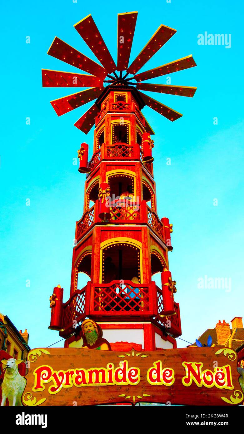 METZ, FRANCE - DECEMBER 19, 2015: Christmas pyramid at Christmas market in Metz. Stock Photo