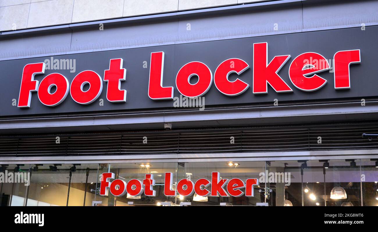 Exterior sign of Foot Locker store, Market Street, in central Manchester, UK Stock Photo