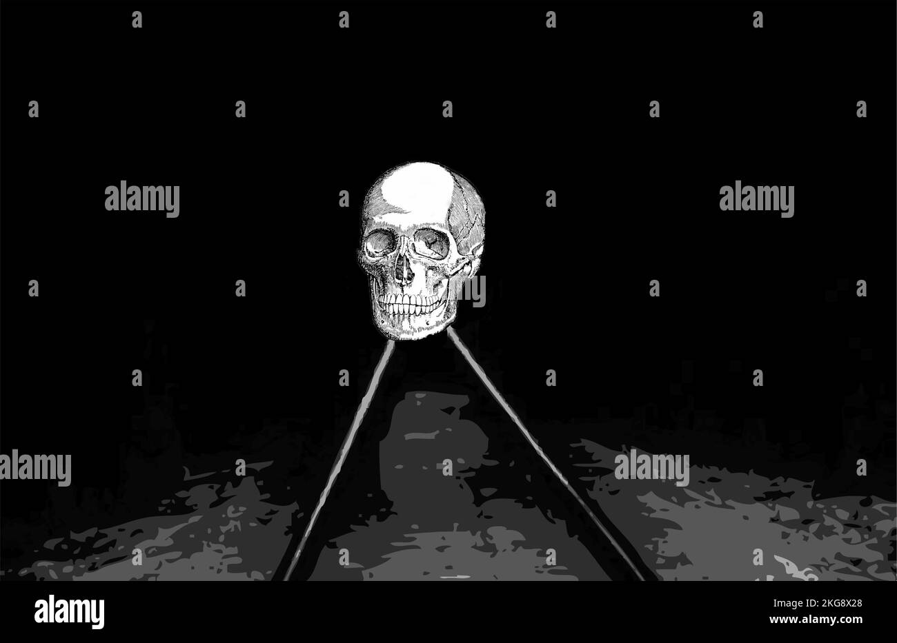 Skull on a black background, railroad tracks leading into the distance and darkness. Stock Vector