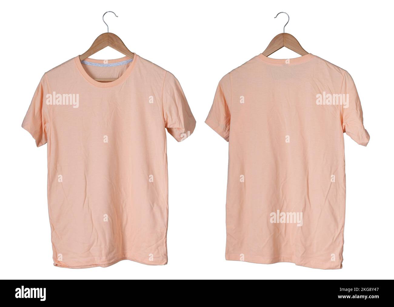 Young male in rose t-shirt Roll up sleeves template tranparent background tee wooden hanger on empty background for man design mockup concept man tshi Stock Photo