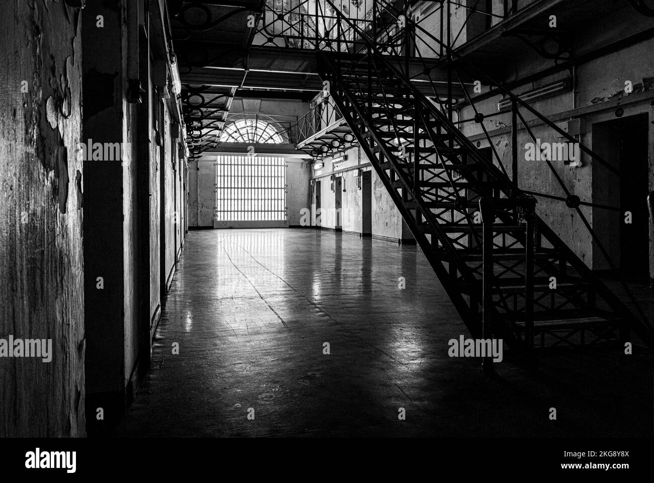 Abandoned Victorian prison landing HMP Gloucester. Stock Photo