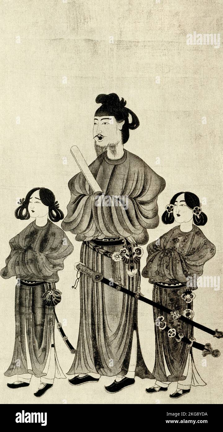 The 1910 image shows: “Prince Shotoku (572-621), next to his two sons.” The image is believed to date to the end of the 7th century. Prince Shōtoku, also known as Prince Umayado or Prince Kamitsumiya, was a semi-legendary regent and a politician of the Asuka period in Japan who served under Empress Suiko. Prince Shōtoku was an influential leader in seventh-century Japan, popularly credited with achievements from establishing courtly ranks and a constitution to encouraging the spread of Buddhism and sending envoys to China. Stock Photo