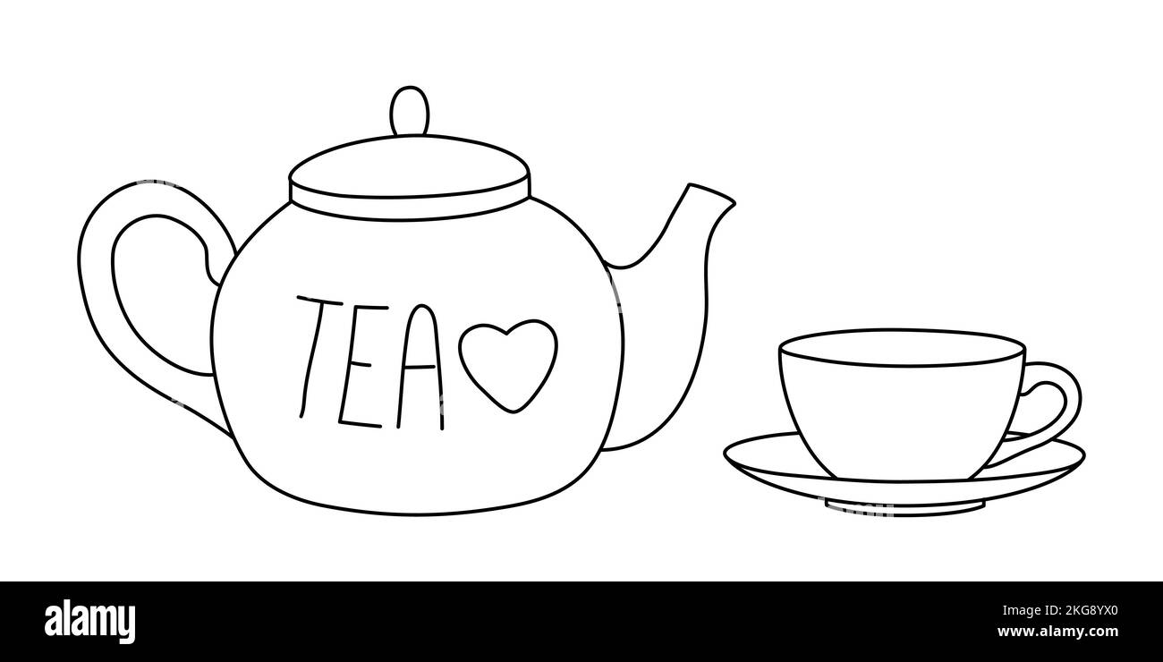 Teapot and tea cup hand drawn with thin line. Vector illustration isolated on white background
