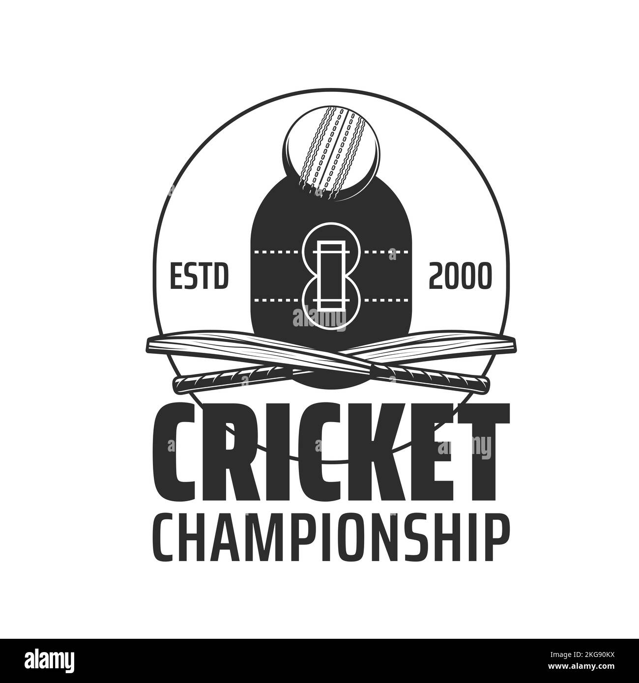 Cricket field vector icon with sport ball and crossed bats, pitch