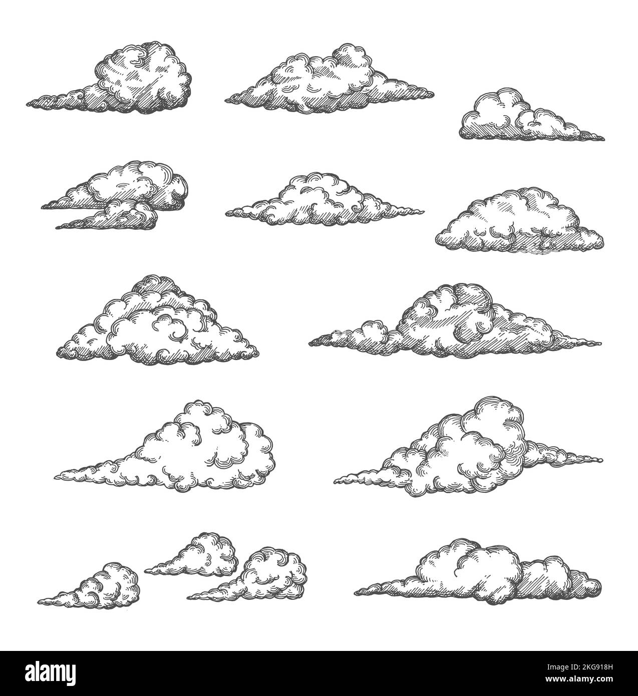 Cloud and cloudiness vintage sketches. Vector hand drawn sky of ancient engraved fluffy clouds, antique map elements. Cloudscape with etching texture of curved air streams, cloudy heaven Stock Vector