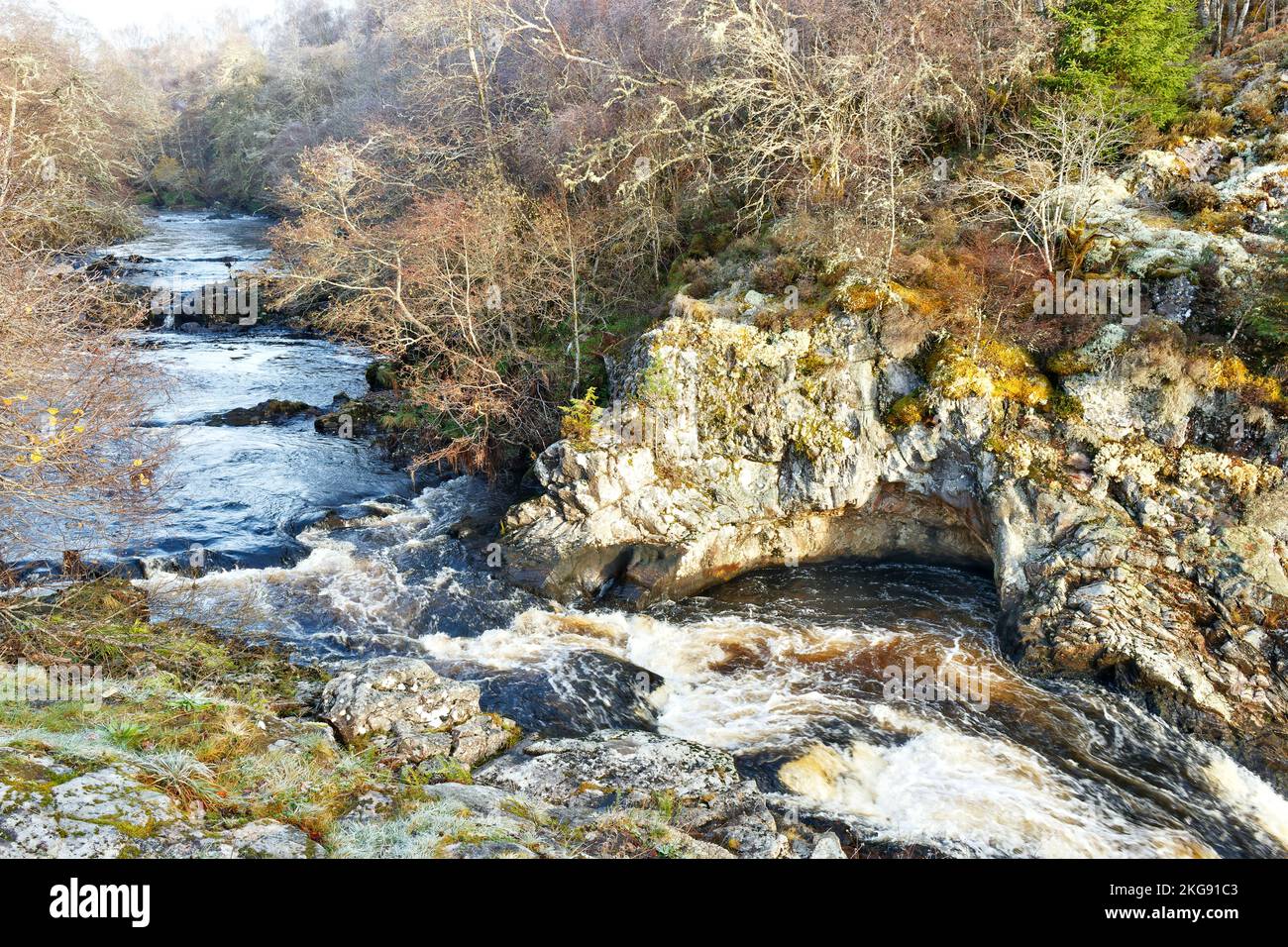 Falls of Shin River Shin Sutherland Scotland river and falls on a frosty morning Stock Photo