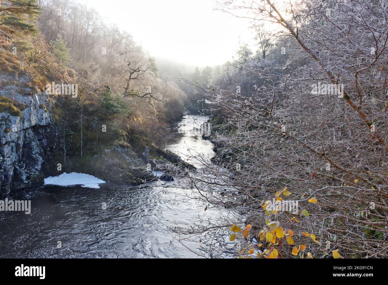 Falls of Shin River Shin Sutherland Scotland river looking downstream on a frosty morning Stock Photo