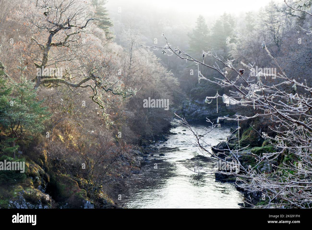 Falls of Shin River Shin Sutherland Scotland the river and looking downstream on a frosty morning Stock Photo