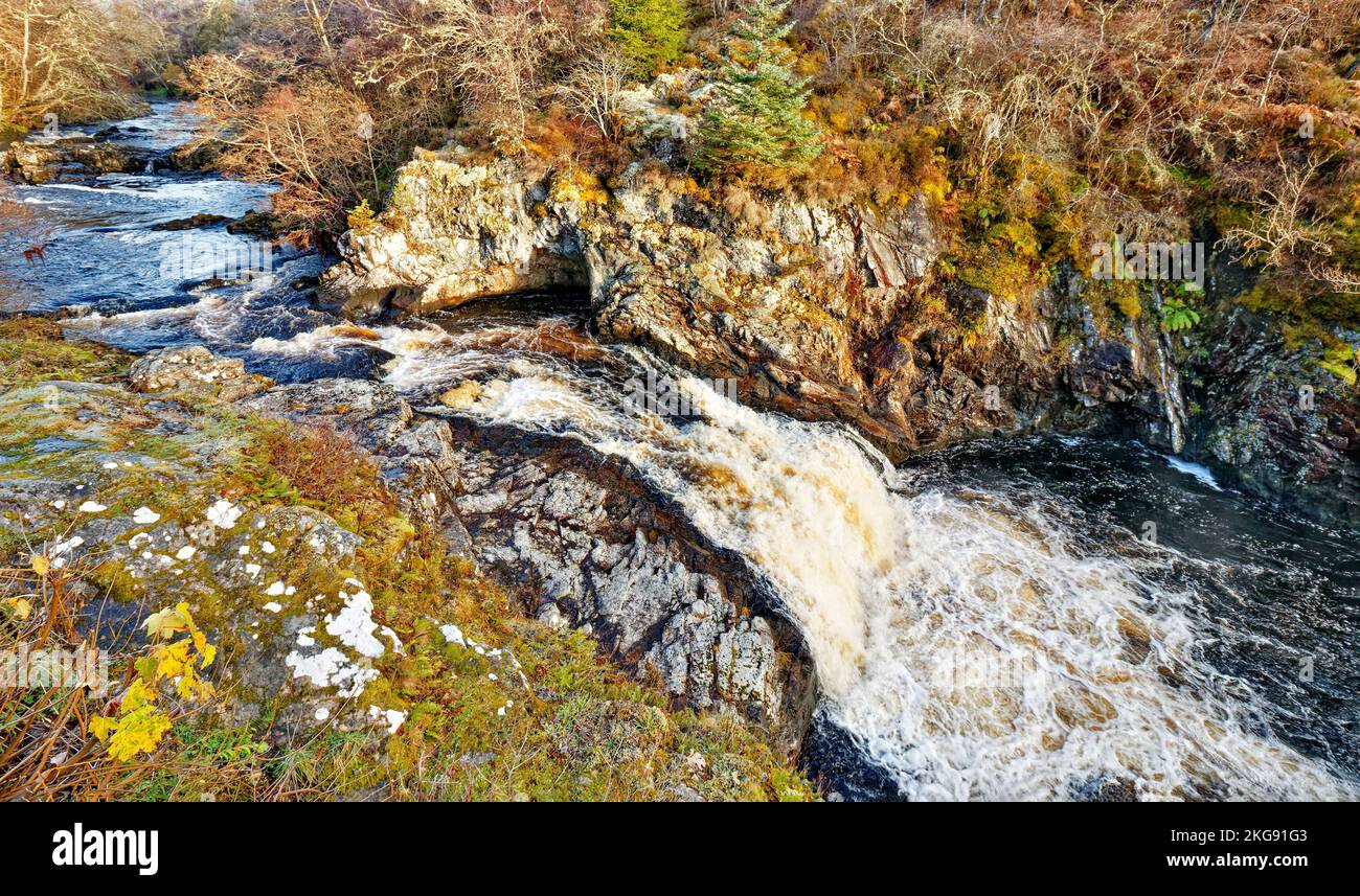 Falls of Shin River Shin Sutherland Scotland the upper river and falls in autumn Stock Photo