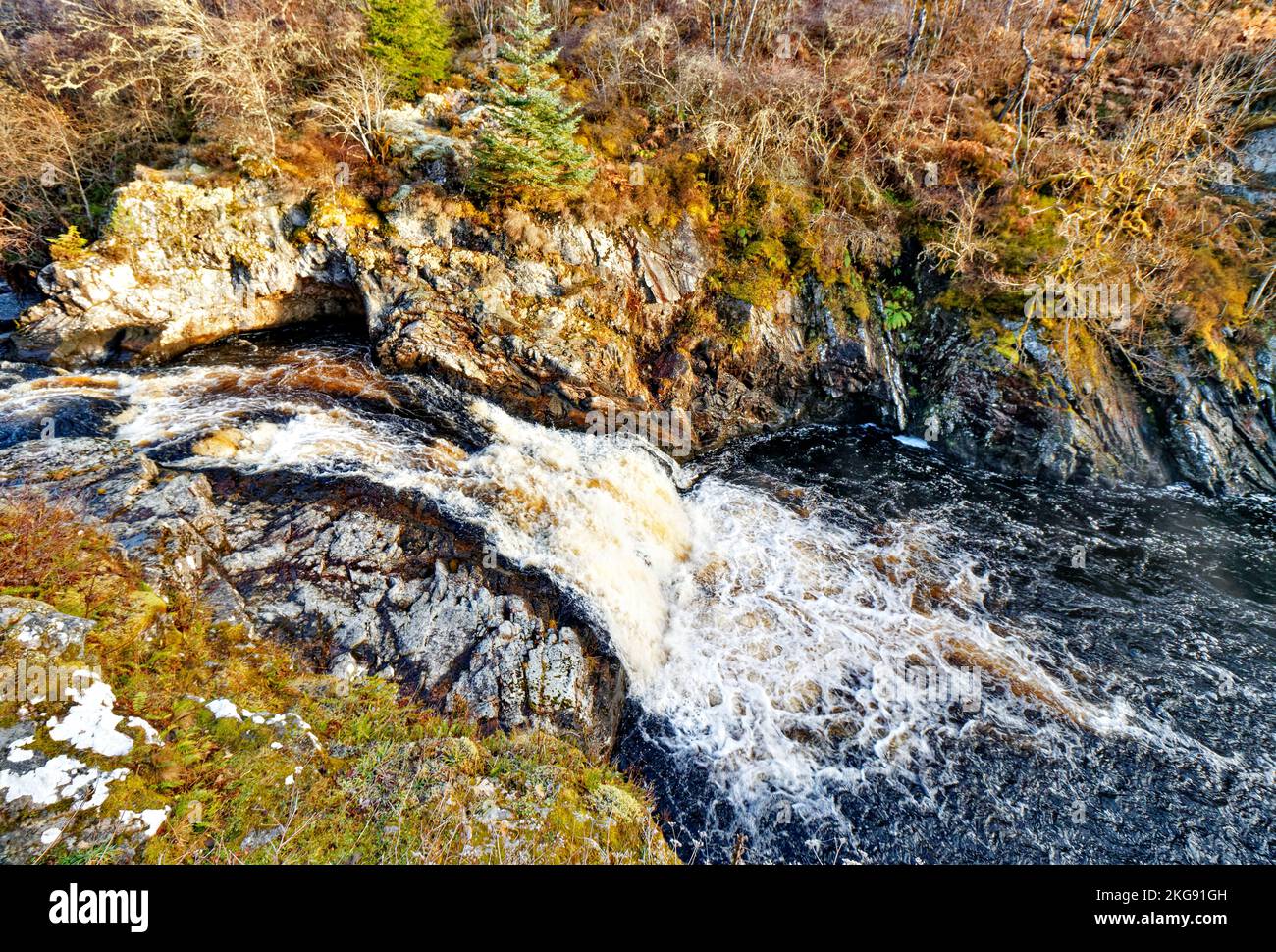 Falls of Shin River Shin Sutherland Scotland the upper river and falls on an autumn day Stock Photo