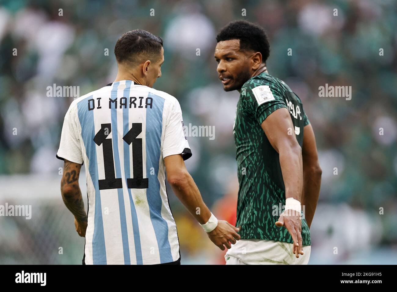LUSAIL CITY - (l-r) Angel Di Maria of Argentina, Ali Al Bulayhi of Saudi Arabia during the FIFA World Cup Qatar 2022 group C match between Argentina and Saudi Arabia at Lusail stadium on November 22, 2022 in Lusail City, Qatar. AP | Dutch Height | MAURICE OF STONE Credit: ANP/Alamy Live News Stock Photo