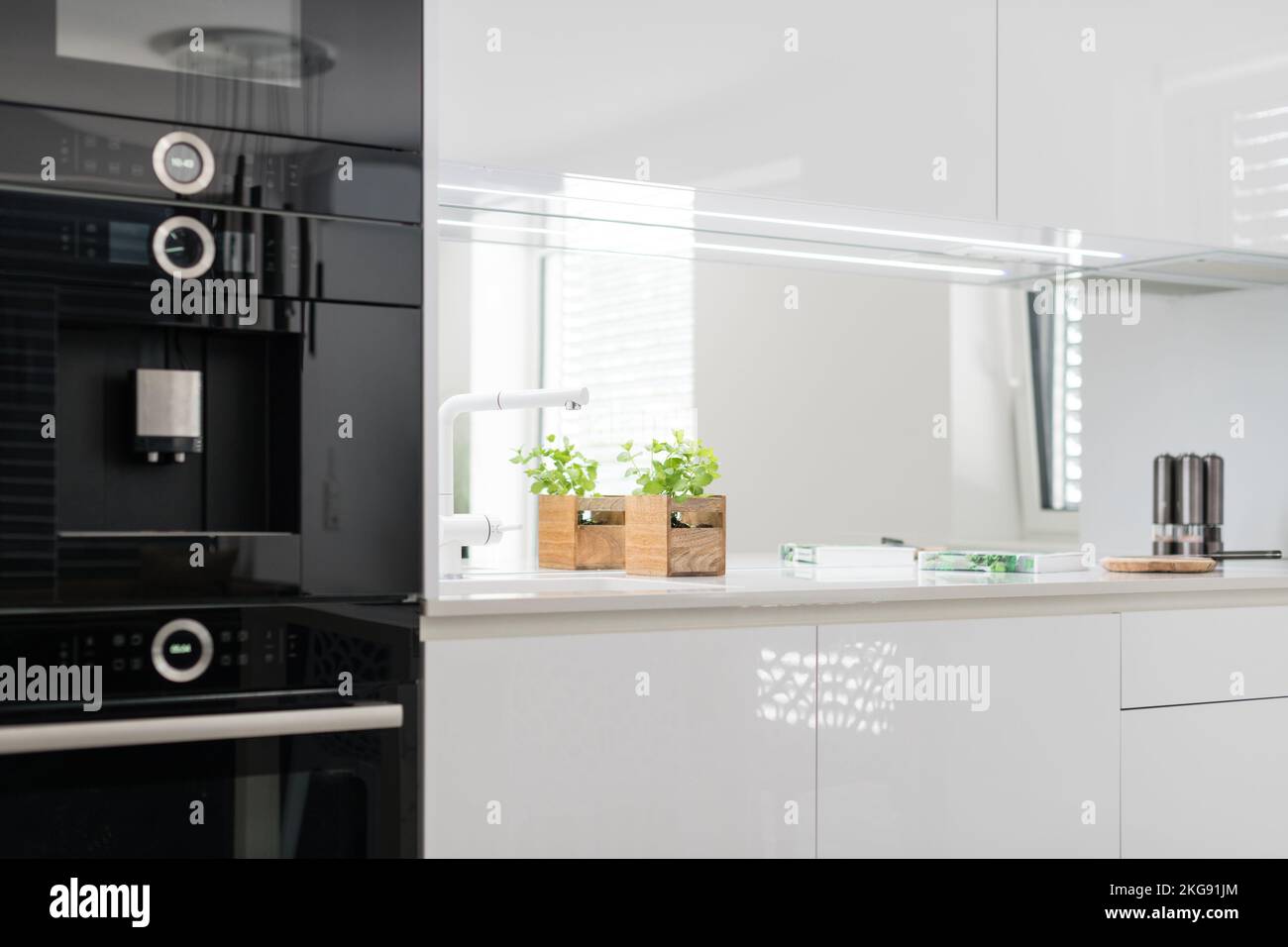 White kitchen with built in appliances in modern apartment Stock Photo ...