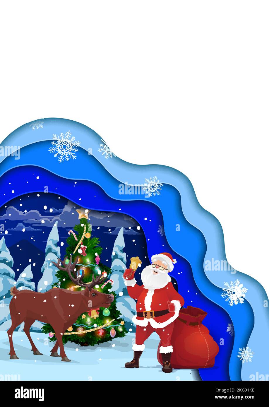 Christmas paper cut banner, cartoon santa, deer and holiday tree ...