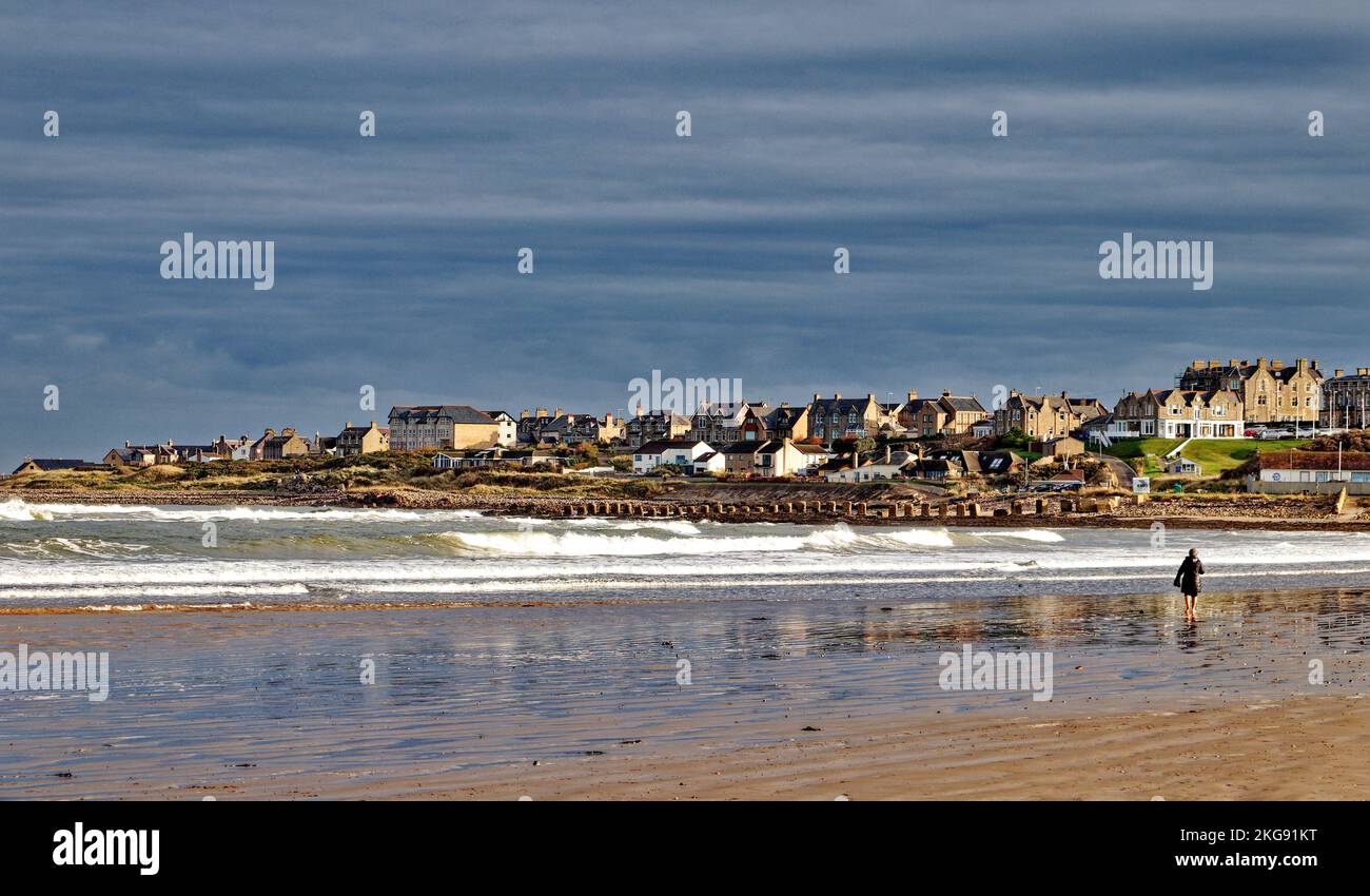 Lossiemouth Moray Coast Scotland large waves breaking over the sandy beach in autumn Stock Photo