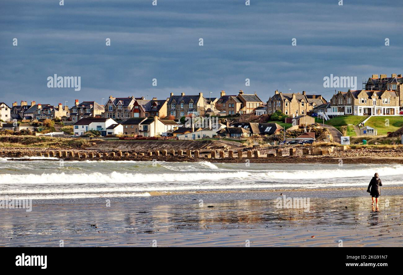 Lossiemouth Moray Coast Scotland large waves breaking over the sandy West beach in autumn Stock Photo